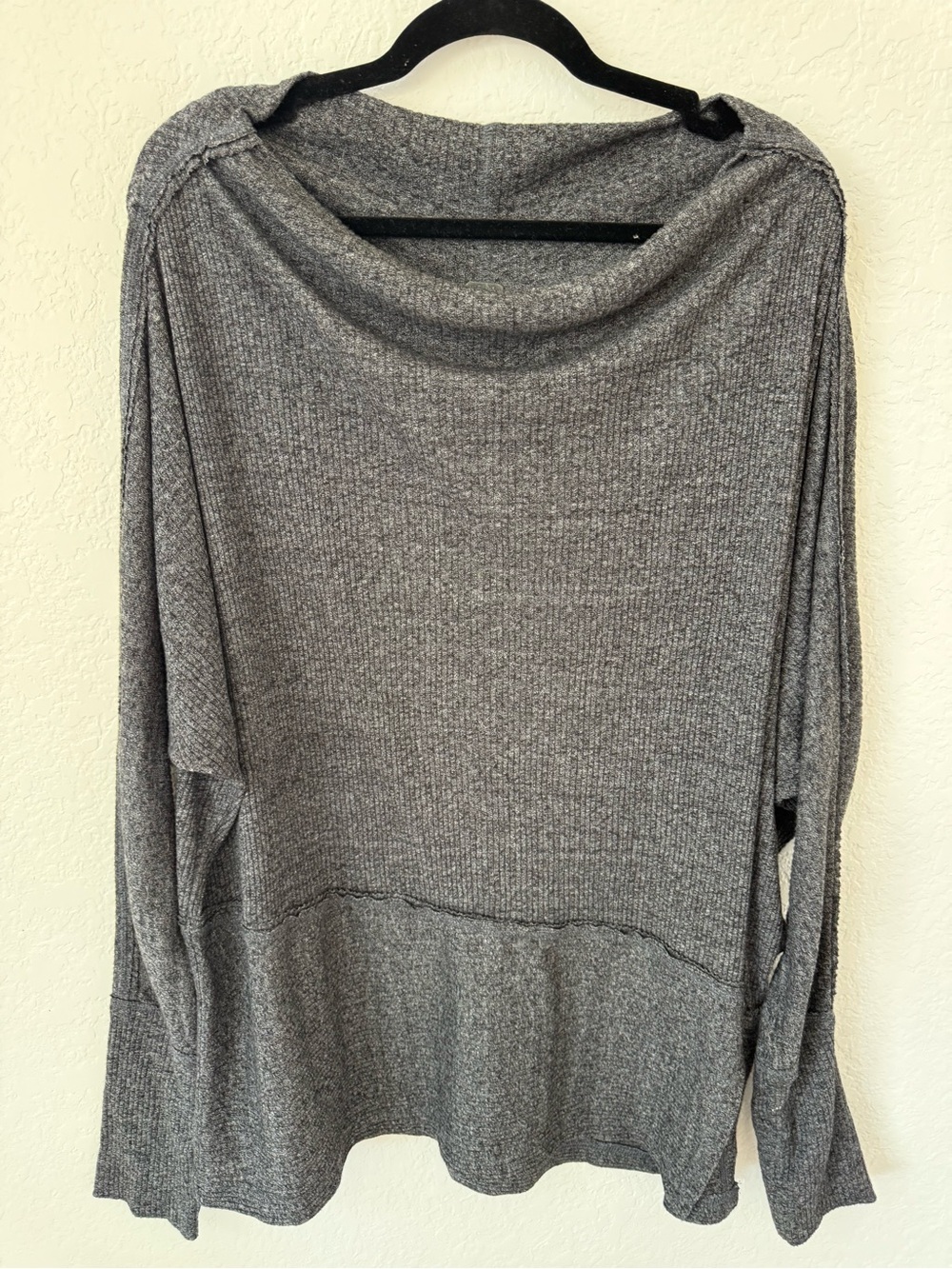 Free People Gray Ribbed Cowl-Neck Pullover